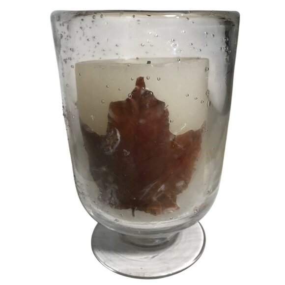 Glass Hurricane Candle Holder With Leaf Decorated Pillar Candle Set - Picture 2 of 10